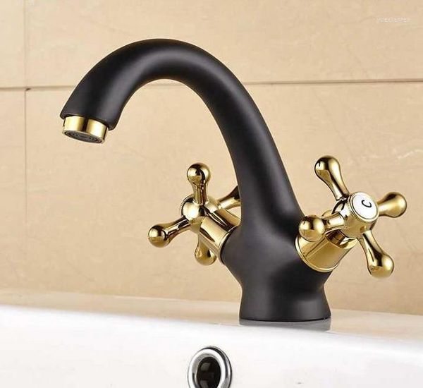 Rubinetti per lavabo da bagno Rubinetti per lavabo in ottone color oro lucidato a olio nero Rubinetti per lavabo monoforo montati su ponte Doppi manici Rubinetti per lavabo per lavabo Mnf806