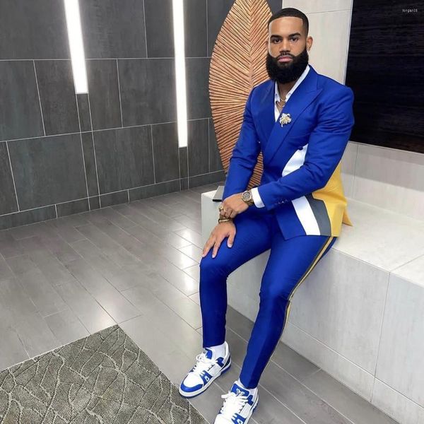 Ternos masculinos de retalhos azuis reais homens Slim Fit 2 peças mais recente casaco design de calça de calça casual masculino de tamanho grande terno de cidade dupla de peito duplo