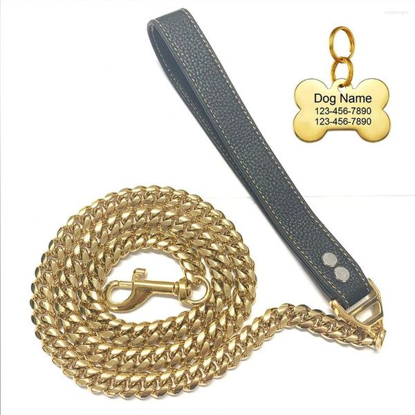 Collari per cani 14MM Catena con manico in pelle in acciaio inossidabile di alta qualità Placcato in oro 18K Ciglia pesante cubana 3Ft per cani di taglia grande e media