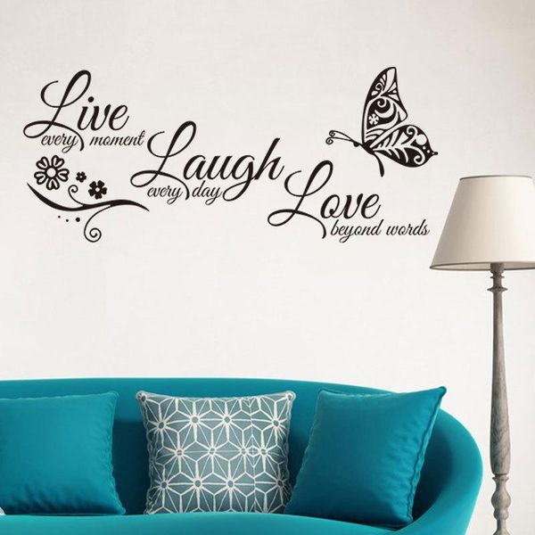 Wandaufkleber „Live Laugh Love“ Schmetterlings-Blumen-Kunstaufkleber, moderne Aufkleber, Zitate, Vinyl, Heimdekoration, Wohnzimmer