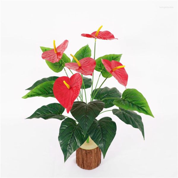 Fiori decorativi 18 teste Fiore rosso artificiale Piccolo abito da pianta in vaso Grande Anthurium Decorazione per ufficio Bonsai Decorazioni per la casa all'ingrosso