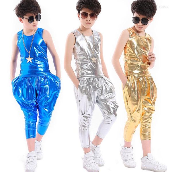 Стадия Wear Boys Dance Costumes Детский костюм для детей с блестками жилеты штаны 2pcs Hip Hop Street Performance DQS2778