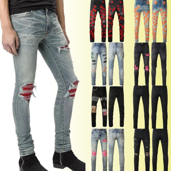 Jeans masculinos designer jeans roxo para motocicleta skinny na moda rasgado patchwork buraco durante todo o ano jeans de pernas finas atacado 2 peças 10% de desconto