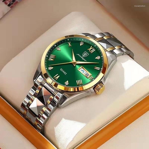 Нарученные часы Poedagar Top Fashion Green Dial Watch Men Водонепроницаемые светящие неделю.
