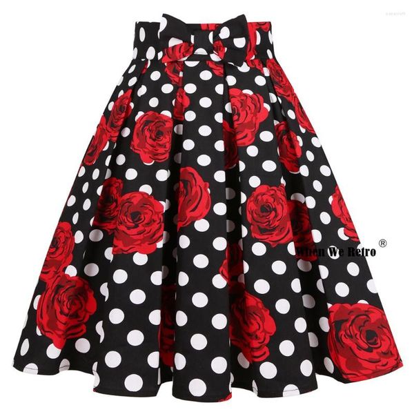 Röcke 2023 Frauen Polka Dots Blumendruck Vintage Schwarz Rock SS0012 Valentinstag Sommer Hohe Taille Plissee Baumwolle