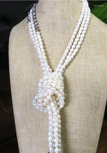 Catene Bella collana di perle barocche bianche grigie lunghe 50 pollici a 3 fili
