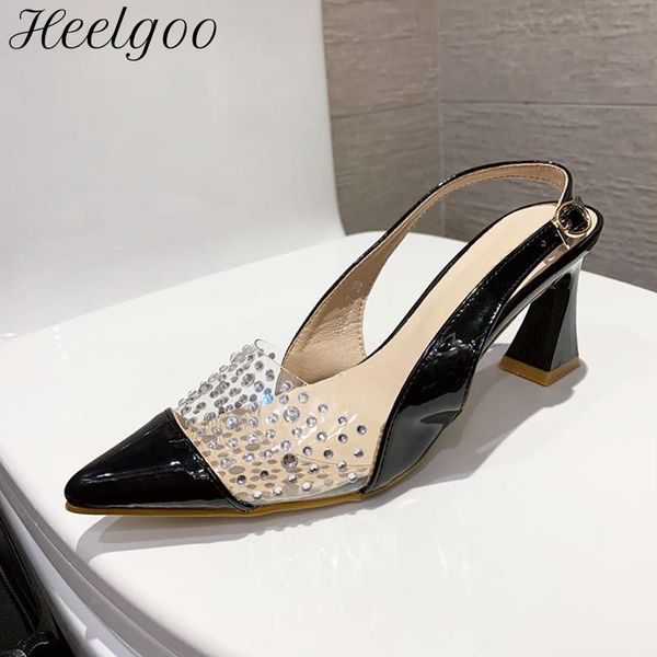 Sandálias Heelgoo Rhinestones mulheres retalhos de retalhos transparentes de dedo pontudo