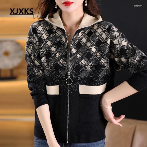 Jackets femininos xjxks 2023 Primavera e outono Jaqueta feminina Fashion Fashion Zipper Cardigan Low Knit