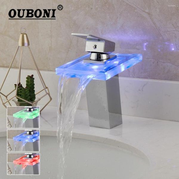 Rubinetti per lavandino del bagno OUBONI Rubinetto per lavabo in vetro con luce a LED Rubinetto monocomando Cascata Rubinetto in ottone massiccio Cambia colore