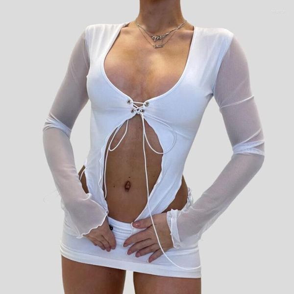 Kadın Tişörtleri Houzhou Seksi Korse Top Y2K Kadın Yaz Masası Beyaz Alçak Kesim Yukarı Mesh Patchwork Uzun Kollu T-Shirts Düzensiz Mahsul