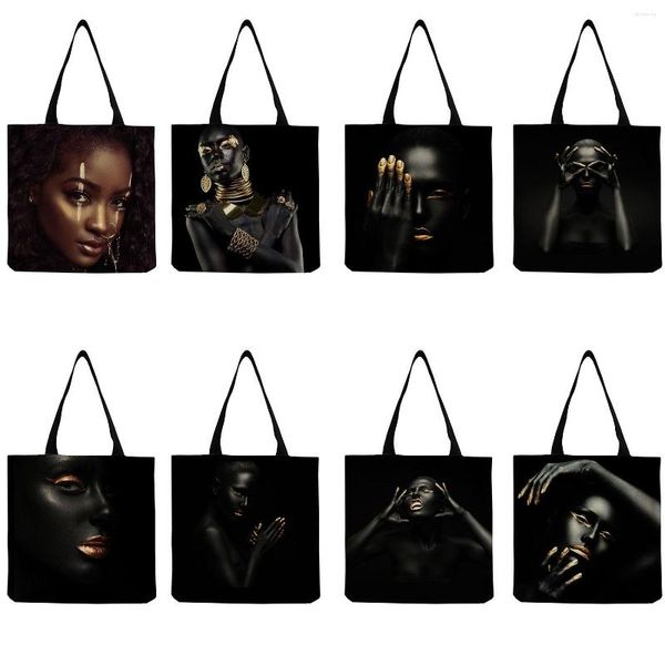 Bolsas de noite Bolsa de ombro feminino Arte Africana Moda preta Senhora compras personalizáveis ​​viagens ao ar livre Tote de grande capacidade dobrável