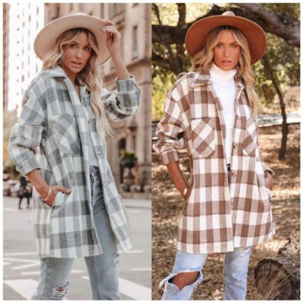 A lã feminina combina chegando o outono e o inverno moda longa tag Lattice estilo britânico Office Lady Plaid Coat for Women De01