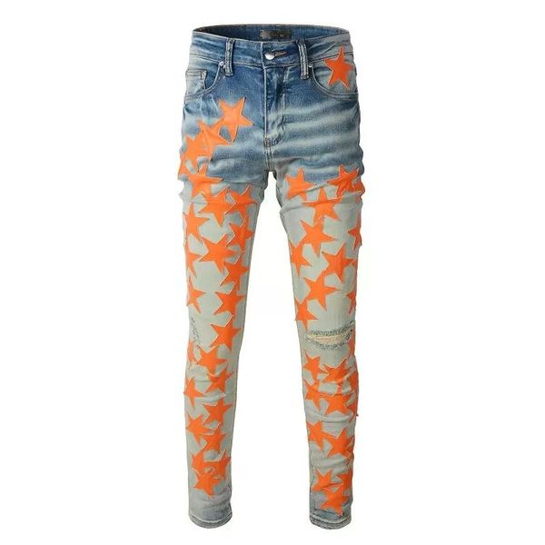 Мужские джинсы для парней Rip Slim Fit Man Pants Pants Orange Star Patches в байкерском джинсовом растяжении мотоцикле