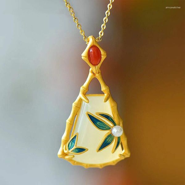 Correntes antigas artesanato de ouro embutido natural jade hetiano bambu pendente de folhas elegantes design de porcelana de porcelana jóias de estilo étnico