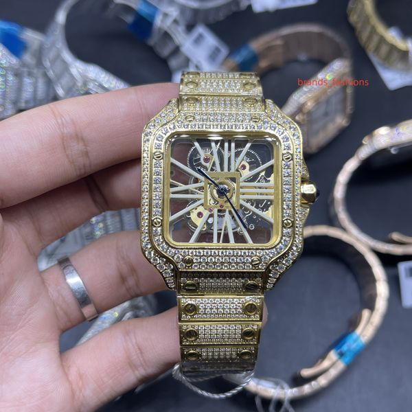 relógio esqueleto com mostrador transparente caixa em aço inoxidável dourado relógios movimento quartzo novo relógio masculino com diamantes de gelo
