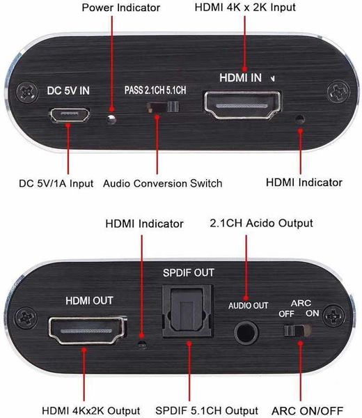 4KHDMI zu HDMI Audio SeparatorARC DTS5.1AC3 Ausgang HDCP Decoder Glasfaser 4K60HZ