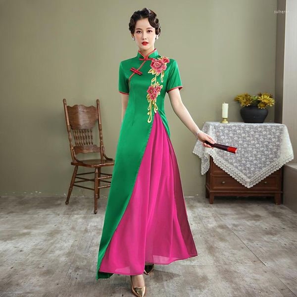 Ethnische Kleidung Satin Abendkleid Kleid Mandarinkragen Cheongsam mit Blumenapplikation Sexy Qipao weiblich Split Plus Größe 3XL-7XL lang