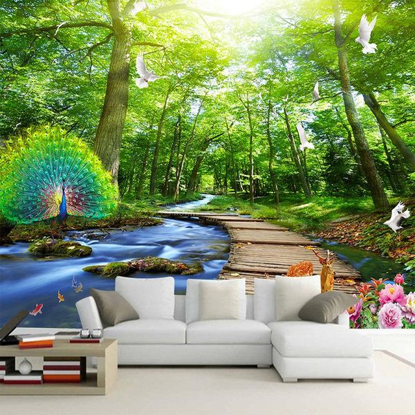 Sfondi Personalizzati Po 3D Natura Paesaggio Foresta Pavone Panno da parete Soggiorno Divano Camera da letto Sfondo Decorazioni per la casa Copertura