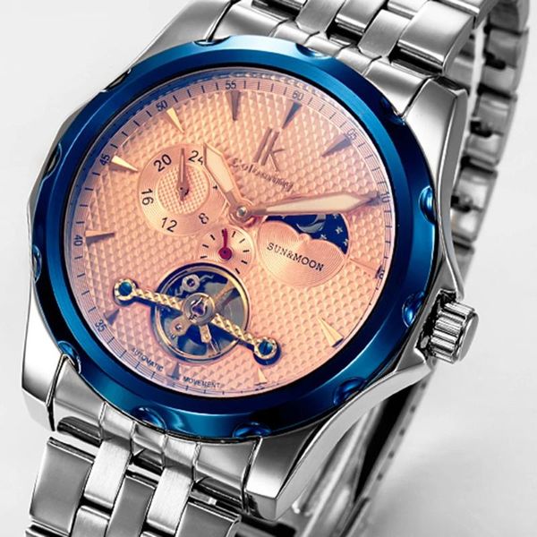 Armbanduhren Homme IK Automatische Wicklung Mechanische Herrenuhr Sonne Und Mond 24 Stunden Tourbillon Farbiges Glas Mode Wasserdichte Armbanduhr