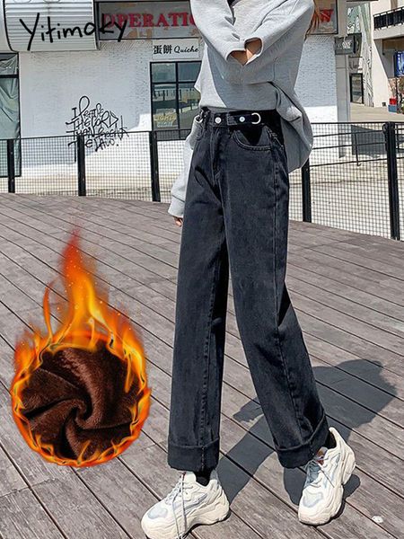 Женские джинсы Cotvotee Высокие талию зимние джинсы для женщин флисовые теплые широкие брюки с регулируемыми талией прямая винтажная уличная одежда 230306