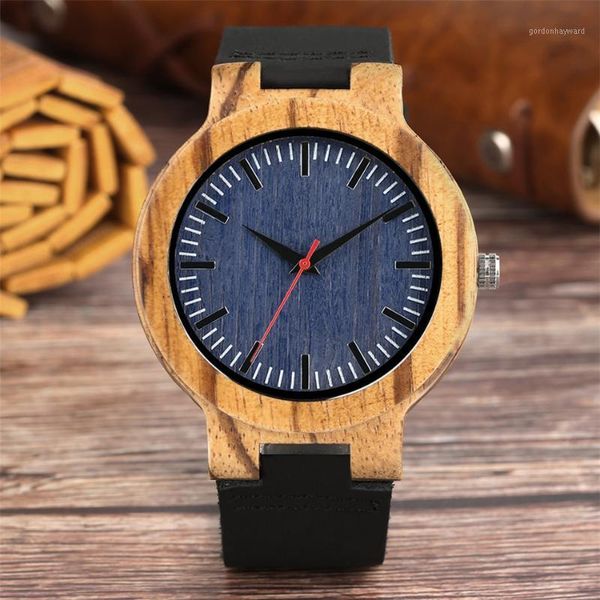 Orologi da polso Quadrante blu minimalista Secondi rossi Orologio da uomo in legno di zebrano Orologi da polso al quarzo in vera pelle Orologio da uomo in legno elegante naturale