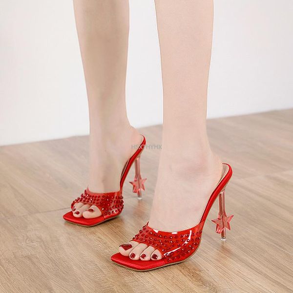 Sandalen 2023 EST Kristall PVC Transparent Grün Frauen Hausschuhe Mode Quadratische Zehe Plexiglas Heels Sommer Schuhe