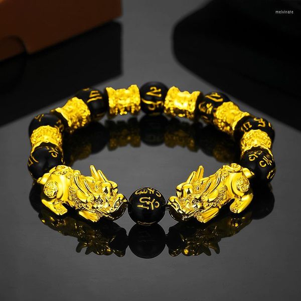 Braccialetti con ciondoli Amanti della personalità Colore oro Pi Xiu Gioielli in ossidiana nera Braccialetto elastico Fengshui Regalo fortunato Ricchezza