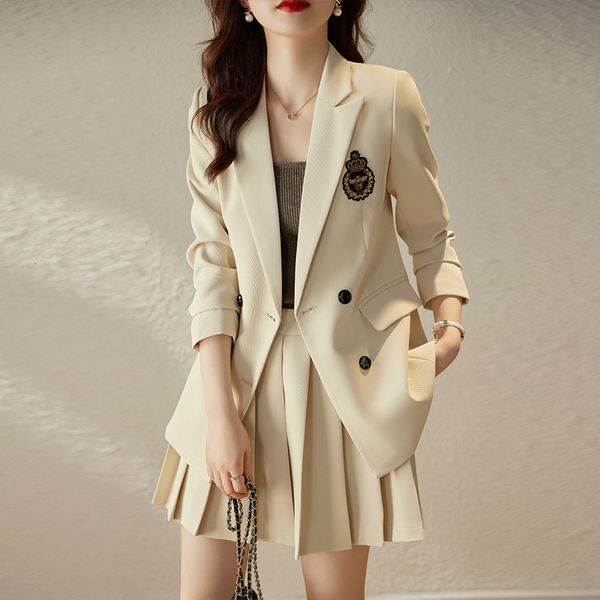 Vestido de duas peças coreano Spring Spring Formal Ladies Khaki Mulheres Negócios de Blazer com Work Work Wear Office Uniform College Style Sket Skenats 230303