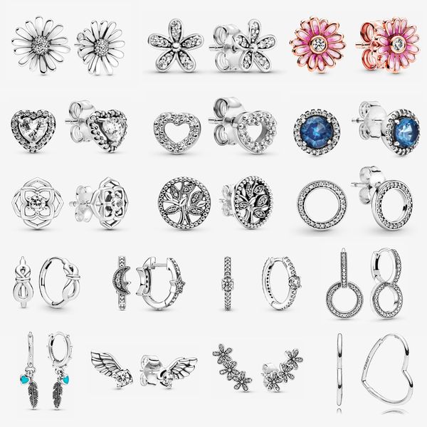 925 Silver Fit Pandora Earrings Crystal Fashion women Jewelry Gift Ear Studs Flower Heart Feather Fit Original DIY Trend Dangle