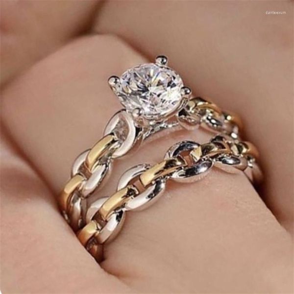 Eheringe Exquisite Einzigartige Doppelte Farbbeschichtung Kettenform Für Frauen Mode Verlobung Kristall Ring Schmuck Zubehör