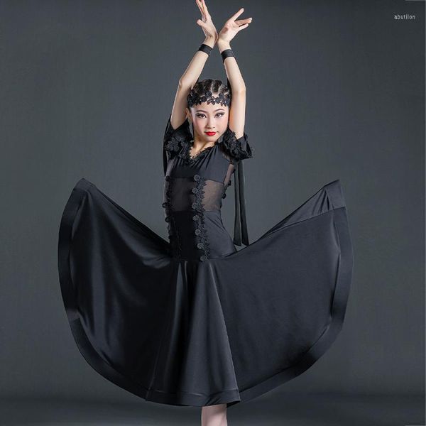 Vestido de palco vestido de roupas modernas de dança para crianças vestido de competição para meninas vestidos de dança latina pretos Saias de prática SL6100