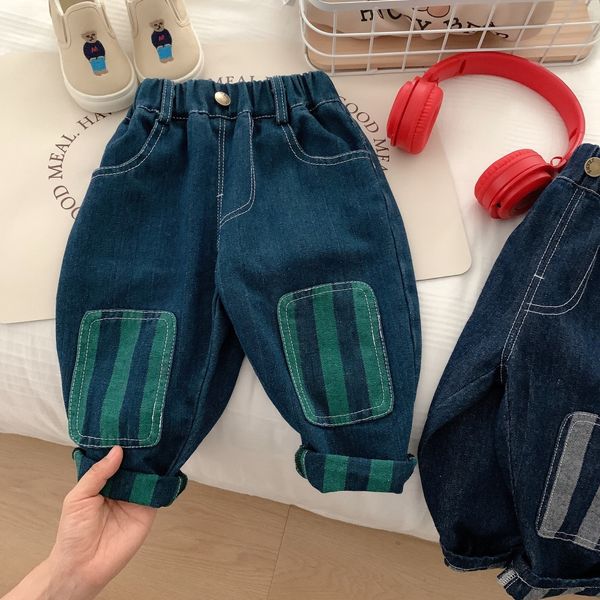 Jeans infantil jeans para meninos jeans moda de outono bebê criança menino calça jeans remendo listrado casual calça listrada calça coreana roupas de crianças 230322