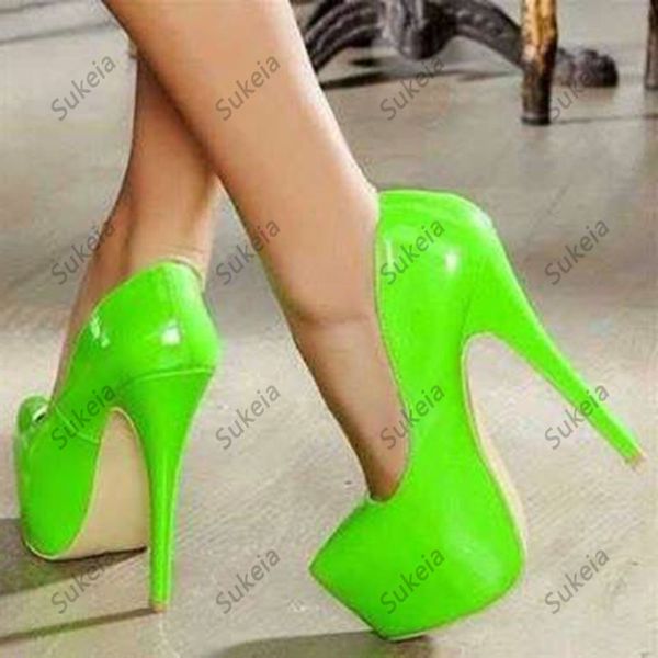 Sukeia nova moda feminina bombeia patente de couro redondo dedo de pé sexy salto estiletto sapatos de festa verde lindas e tamanhos de nós do tamanho 5-20