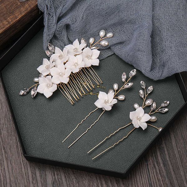 Tiaras Gold Color Flowers Rhinestone Pearl Hair Combs com gancho de cabelo Sets Capace