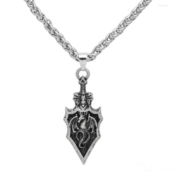 Correntes Silver Knight Sword Dragon Pingente Men Colar Gift Birthday Sterling para ele asa