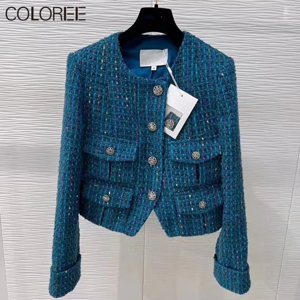 Mulheres misturas de lã marca designers roupas de inverno luxo vintage azul tweed jaquetas para mulheres 2023 botões de cristal curto jaqueta feminina chaquetas 230306