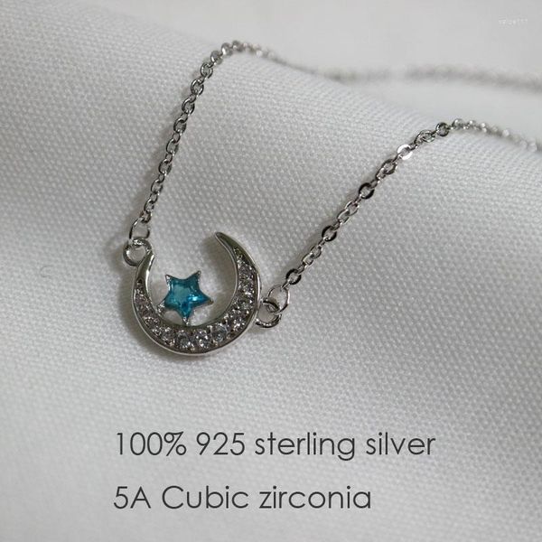 Подвесные ожерелья Реал 925 Серебряная серебряная хрустальная луна Голубая Звездная Звездная Колье Родиум Конеч