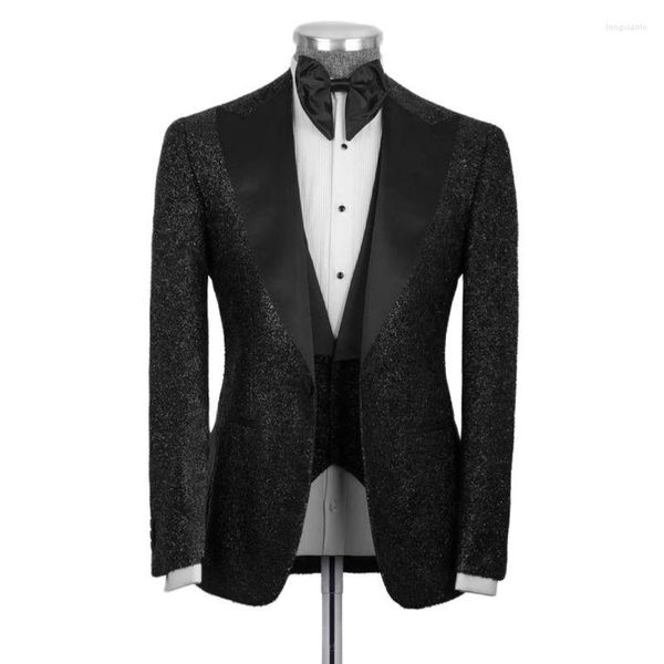 Ternos masculinos de lantejoulas brilhantes jaqueta de homens pretos slim fit 3 peças conjuntos de blazer calças de colete de colete noivo de casamento tuxedo fear