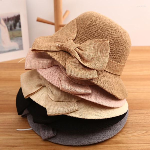 Cappelli a tesa larga Cappello da pescatore francese femminile Fiocco rosa Bacino estivo Sole Versatile Camelia Parasole Protezione solare Cappello da donna selvaggioLargo