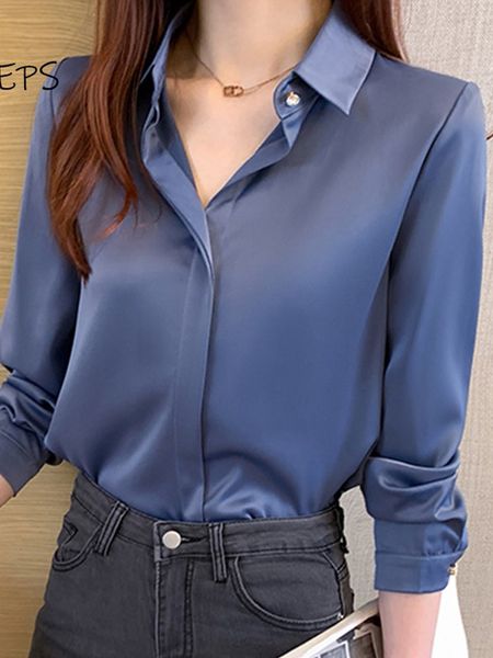 Blusas femininas camisas de manga comprida blusas de cetim para mulheres armadilhas de escritório trabalho de escritório usa tops azuis pretos cinza roupas femininas femme 230306