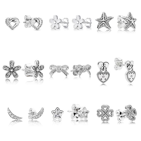 925 Silber Fit Pandora Ohrringe Kristall Mode Frauen Schmuck Geschenk Ohrstecker Mode Klee Seestern Halbmond Kristall