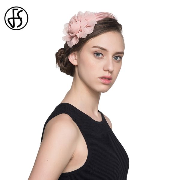 Geizige Krempenhüte FS Fascinator Stirnband Eleganter Haarschmuck Hochzeit Braut Kleine Zylinder für Frauen Rosa Kappe Feder Blumen Kopfschmuck 230306