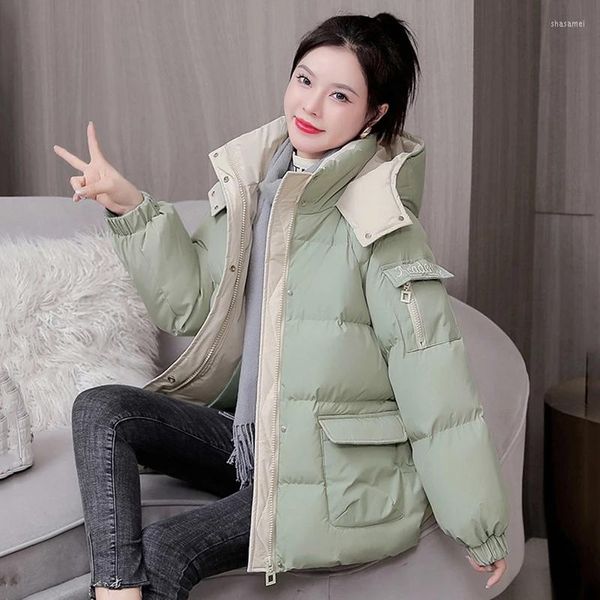 Trincheira feminina feminino mulheres inverno grossa parka parka cor sólida de bolso grande bolso solto solo casaco curto jackets Outwear pão de estudante