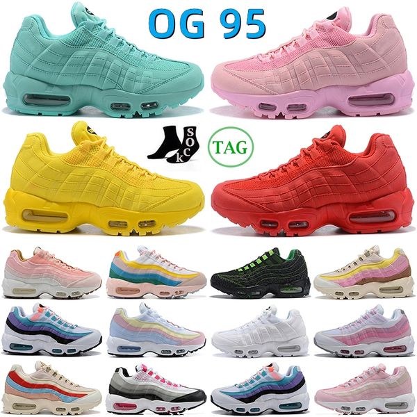 2024 OG 95 Tasarımcı Koşu Ayakkabıları Üçlü Pembe Beyaz Gradyan 95S Kırmızı Sonraki Doğa Yükseliş Birliği Hayalet Pastel Sarı WMNS Cork Süet Aqua Cork Pembe Kadınlar Spor Spor ayakkabıları T6