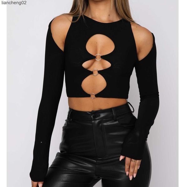 Damen-Strick-T-Shirts, Damen-Crop-Top, einfarbig, T-Shirt, Erwachsene, sexy, schmal geschnitten, langärmelig, Rundhalsausschnitt, Ausschnitt, sexy Tube-Top mit Ringen, Streetwear, Y2k, W0306