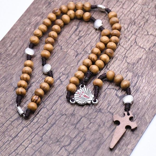 Collane con ciondolo Moda Perline rotonde in legno fatte a mano Collana con croce Gioielli cattolici Accessori religiosi per feste Regali