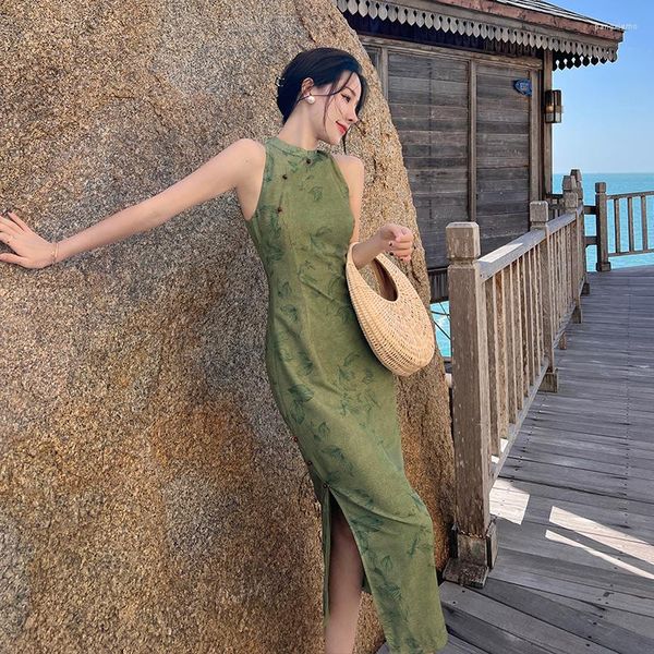 Abbigliamento etnico Stampa vintage Abito cheongsam stile cinese Donna Elegante estate senza maniche Abiti longuette slim Donna Verde Qipao DD157