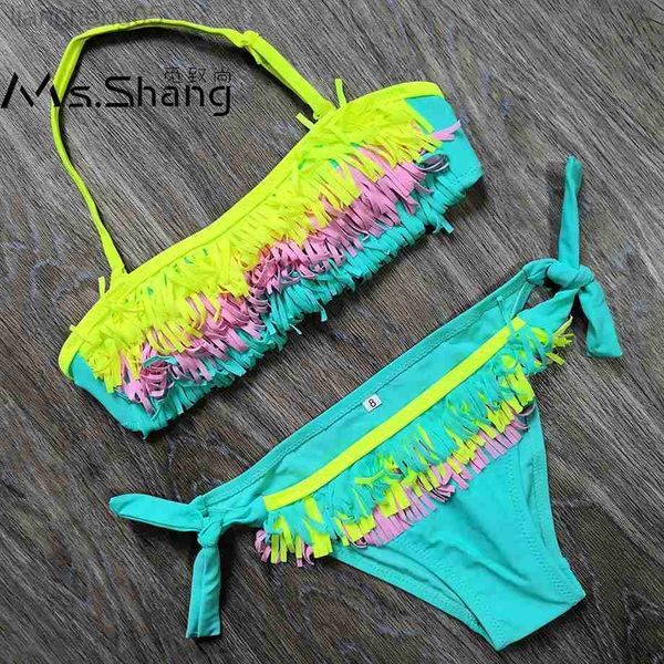 Pieces de 5 a 12 anos adolescentes meninas adolescentes garotas de banho de banho de banho de banho de banho de biquíni de biquíni de biquíni Top maiôs Fringe Childing Girl Swim Wear W0310