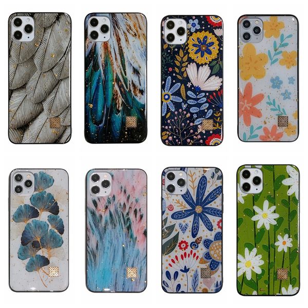 Mode Folie Blume tropfenden Kleber Hüllen für iPhone 14 Pro MAX 13 12 11 Pro XS XR X 8 7 Plus Iphone14 Gold weiche TPU bunte Feder Smart Handy Rückseite Abdeckungen Haut