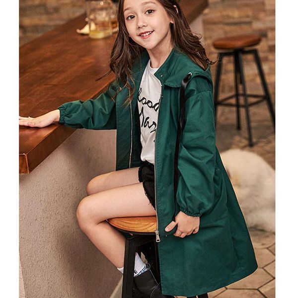 Cappotto moda 2023 trench cappotti ragazze adolescenti con cappuccio lungo autunno giacche abbigliamento per bambini verde arancione bambini capispalla top